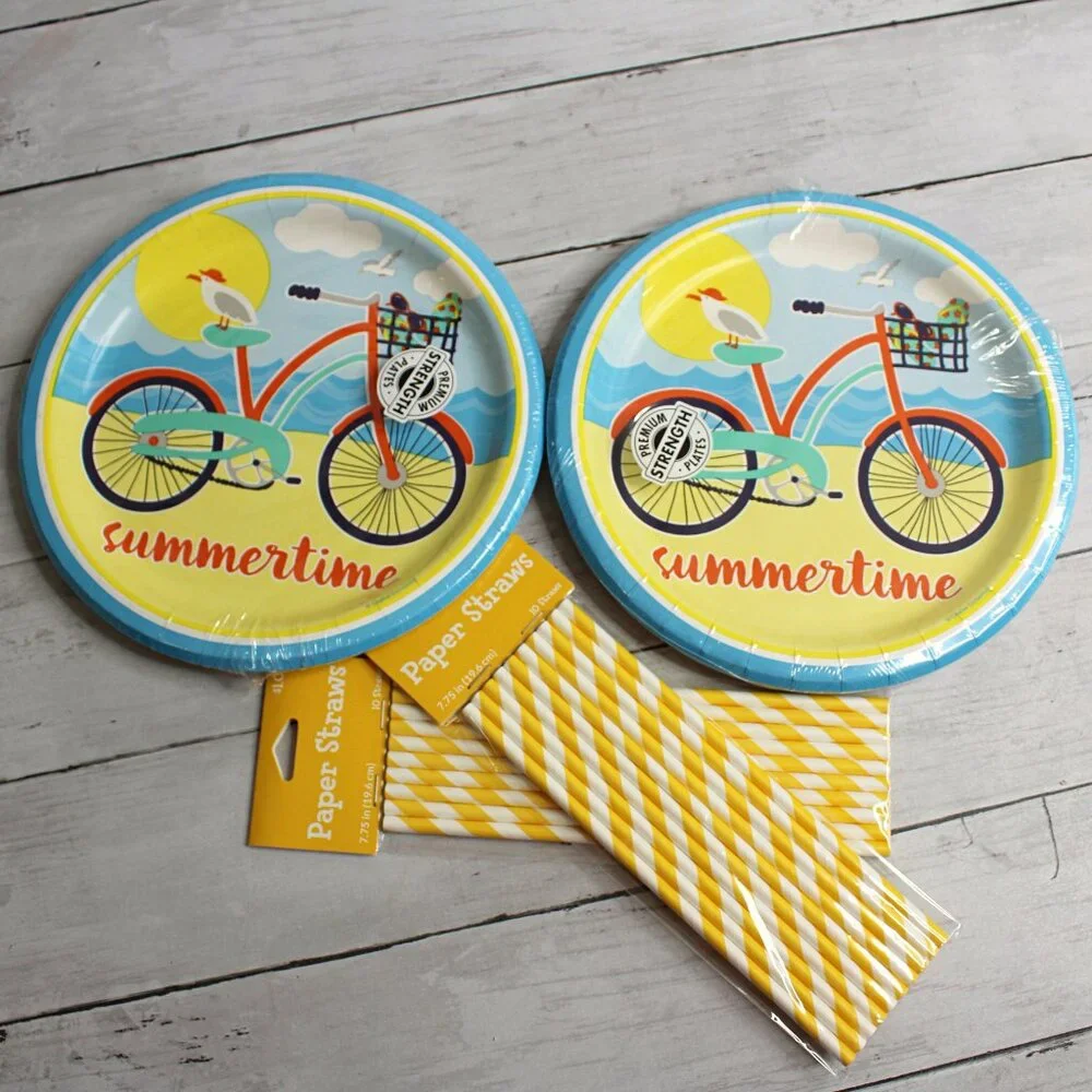 Bicycle Paper Plates Party Supplies Summer Time Birthday Picnic Beach Lot